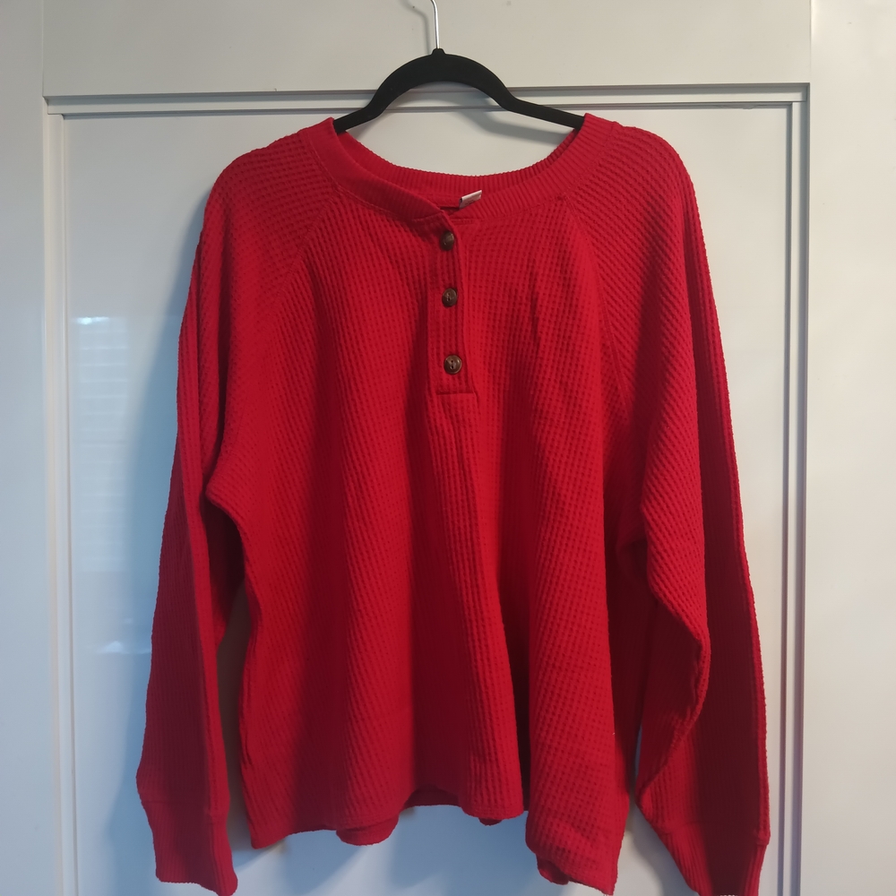 Old Navy Red XXL Cozy Waffle Henley Sweatershirt, Oversized, Comfort